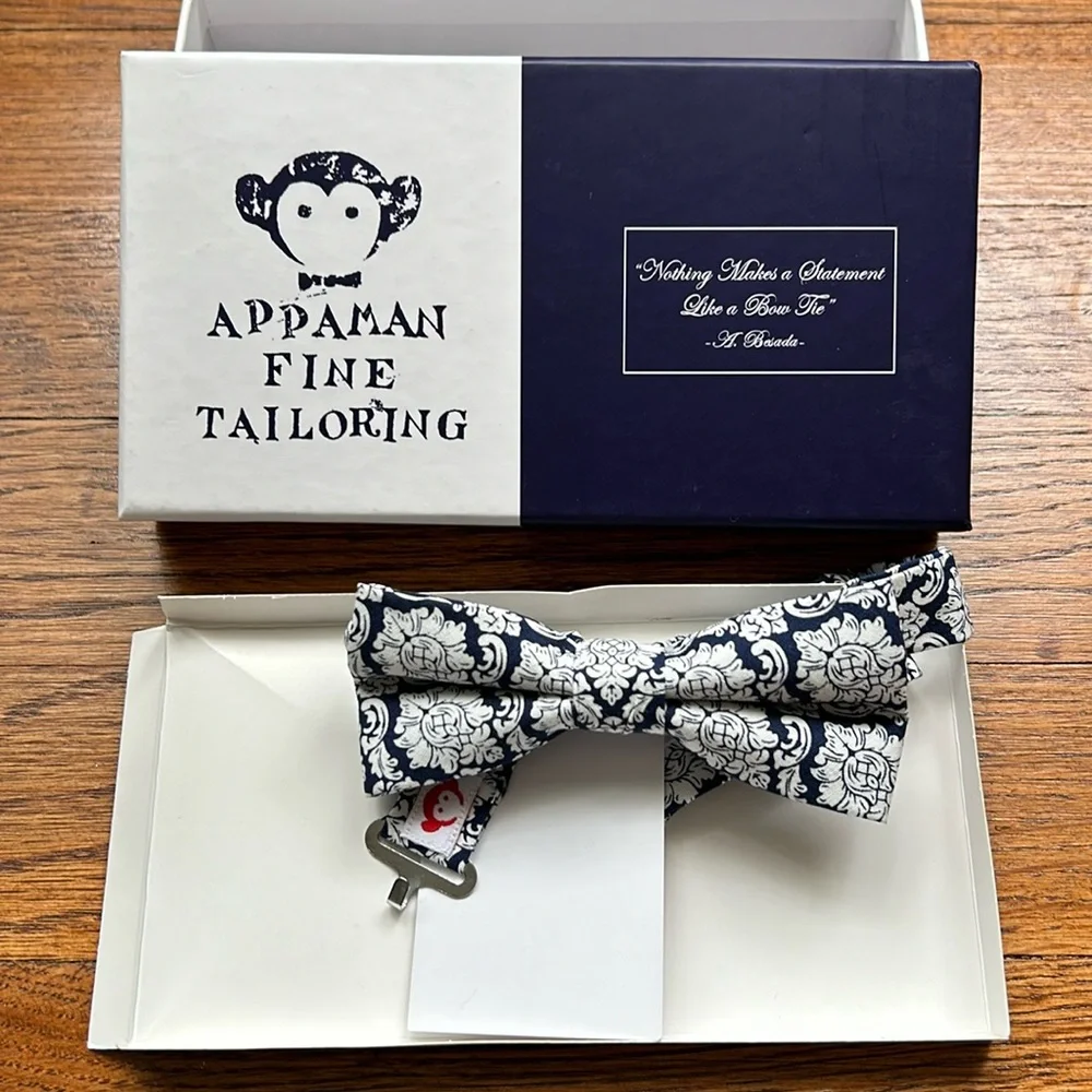 Boys navy and white paisley bow tie